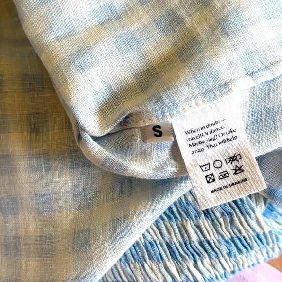 Sleeper- Atlanta Off-The-Shoulder Shirred Linen Midi Dress- Blue & White -Size:S - Picture 11 of 11